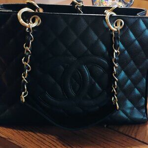 Chanel tote purse special edition black caviar with gold chain